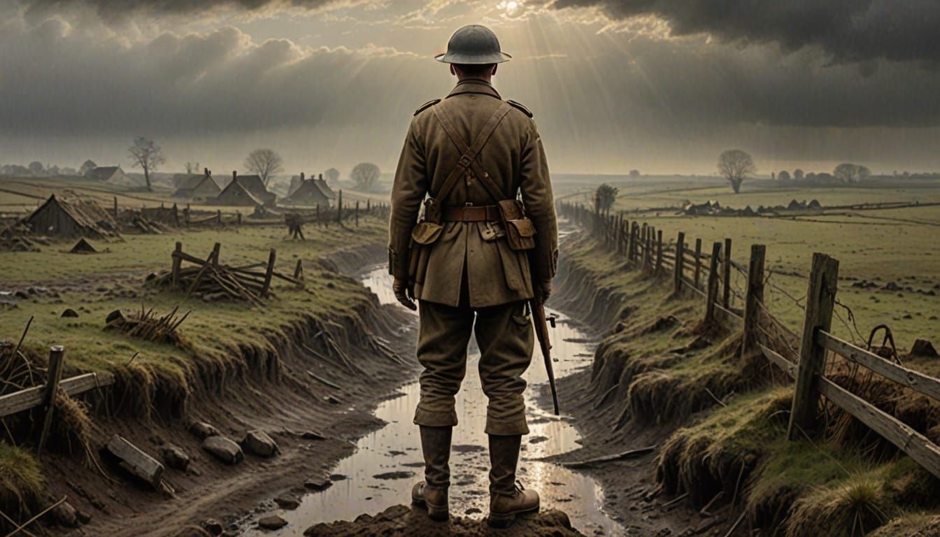 WW1 Soldier Contemplates Desolate Battlefield