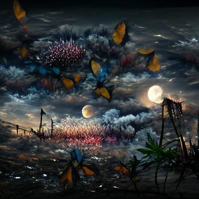 Butterfly Fireworks Under Moonlight: Detailed Matte Painting