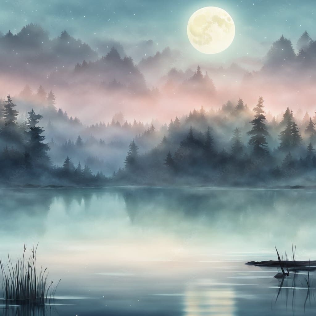 Dreamy Moonlit Lake in Ethereal Watercolor Style