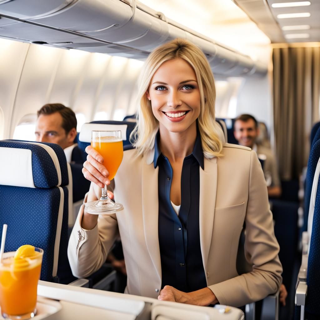 Smiling Flight Attendant Serving Drinks on Airplane