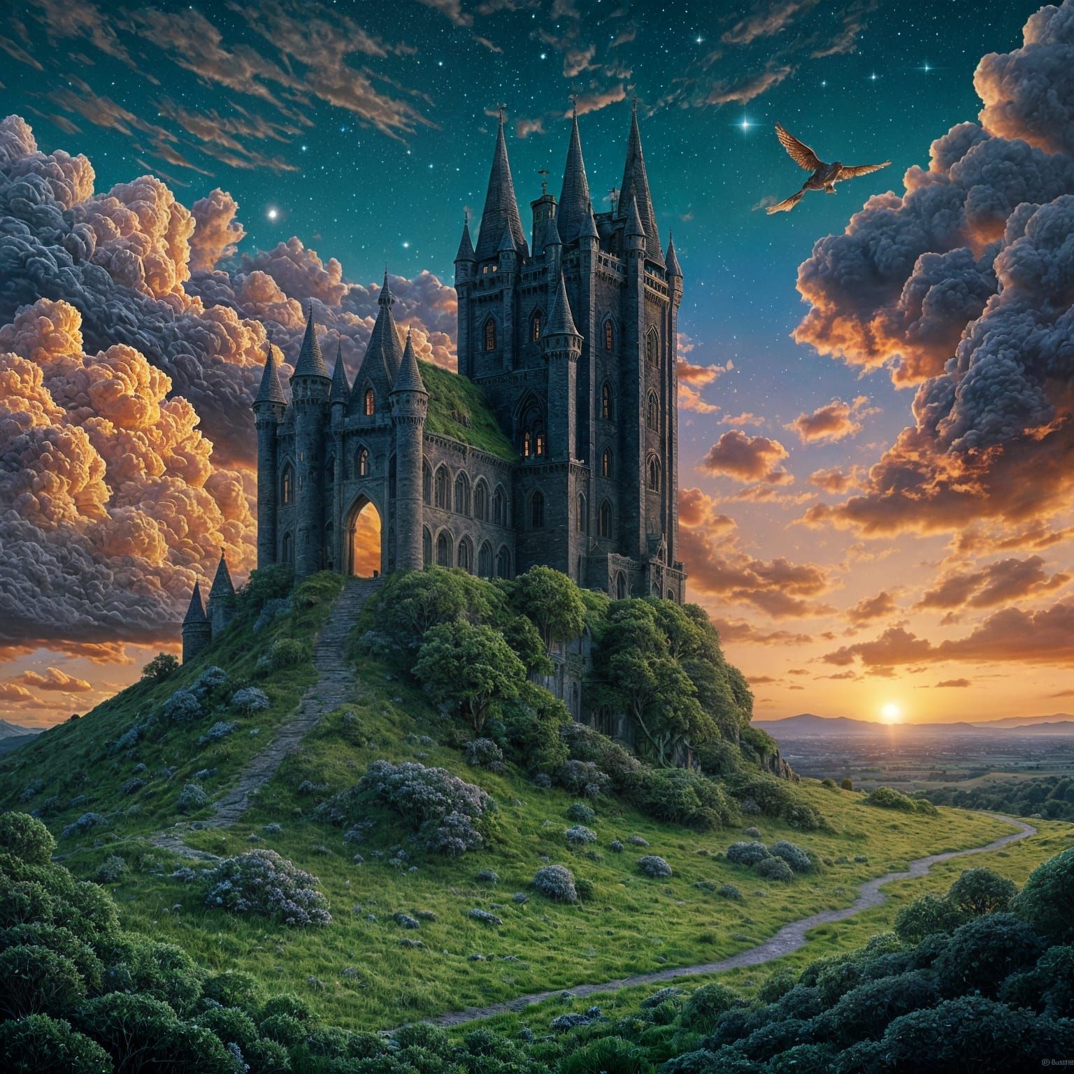 Moss-Covered Castle Under Twilight Sky with Constellations