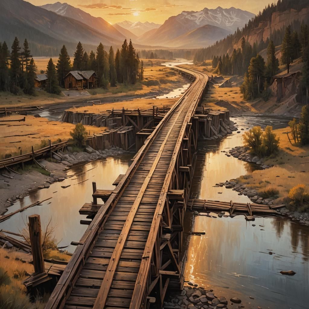 Towering Wooden Railroad Bridge in Montana: Vintage Oil Pain...