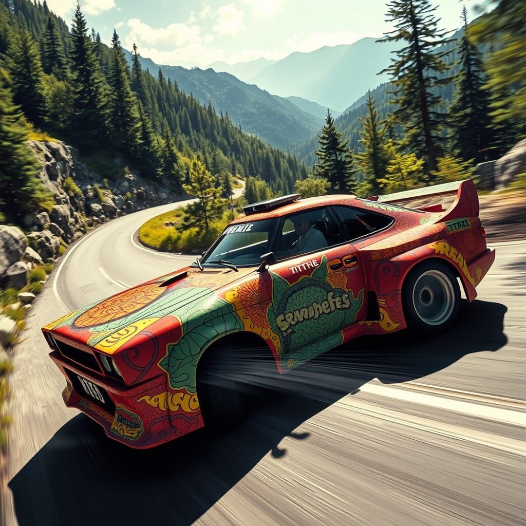 Rally car wrapped in "brain stew" artwork