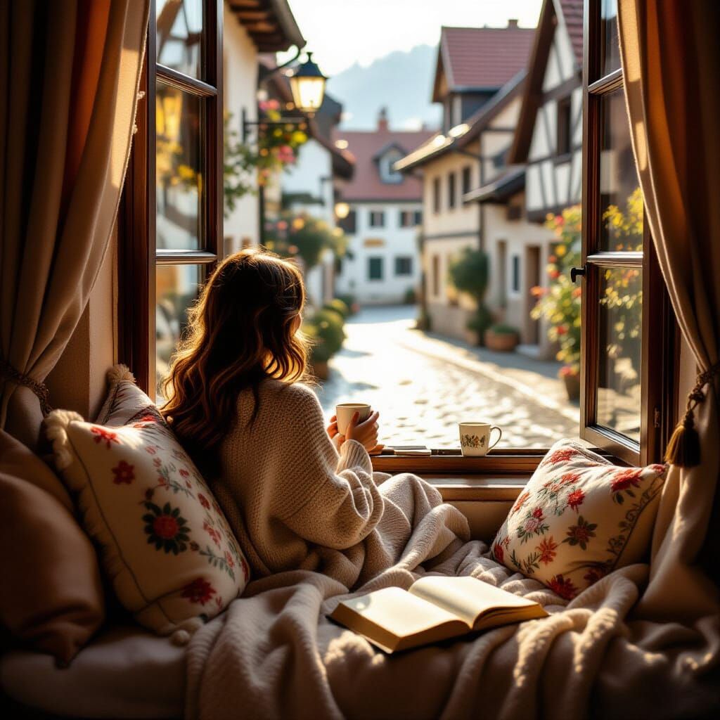 Cozy Woman in Sun-Drenched Window Seat