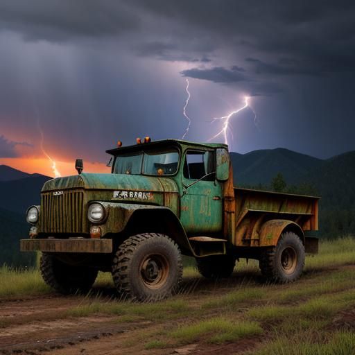 Old offroad dump truck in the mountains in a lightning storm at sunrise