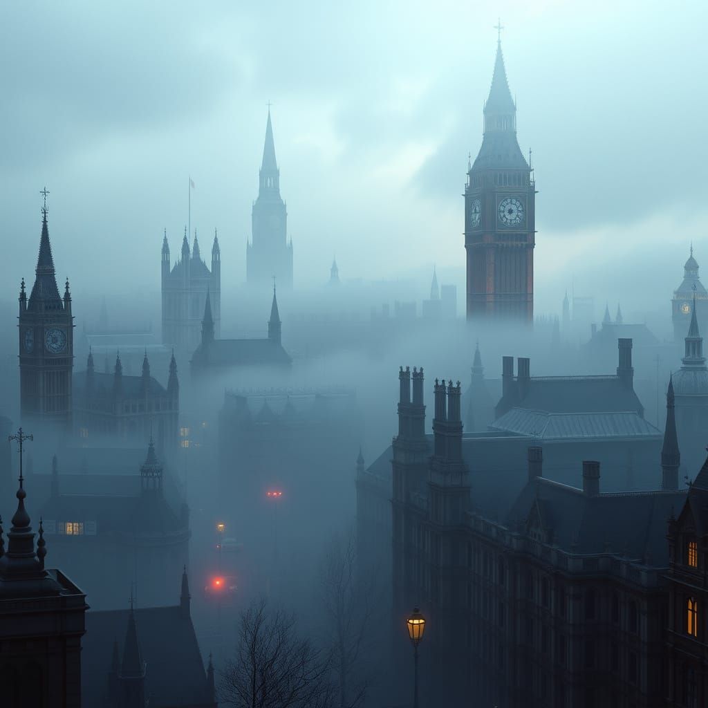 Dreamlike London Cityscape in Eerie Fog