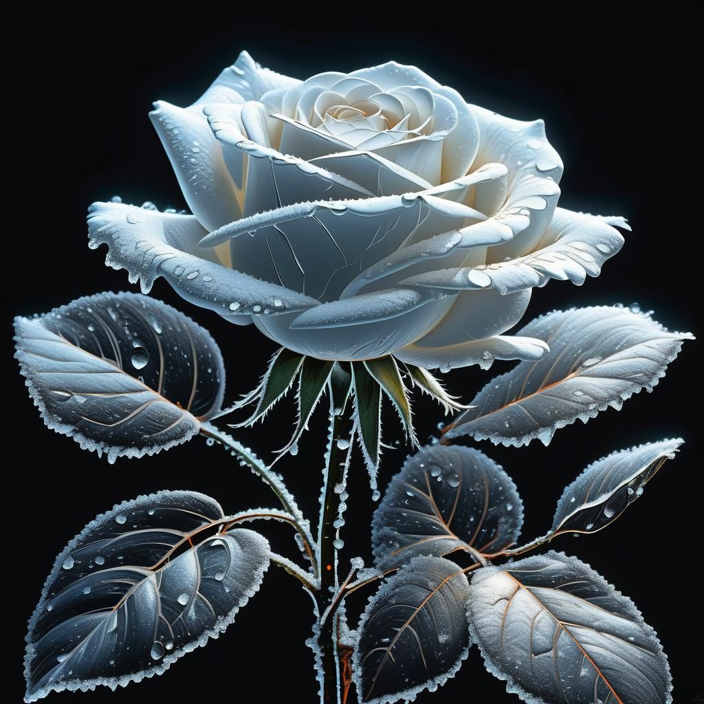 Icy White Rose Sculpture in Luminescent Light