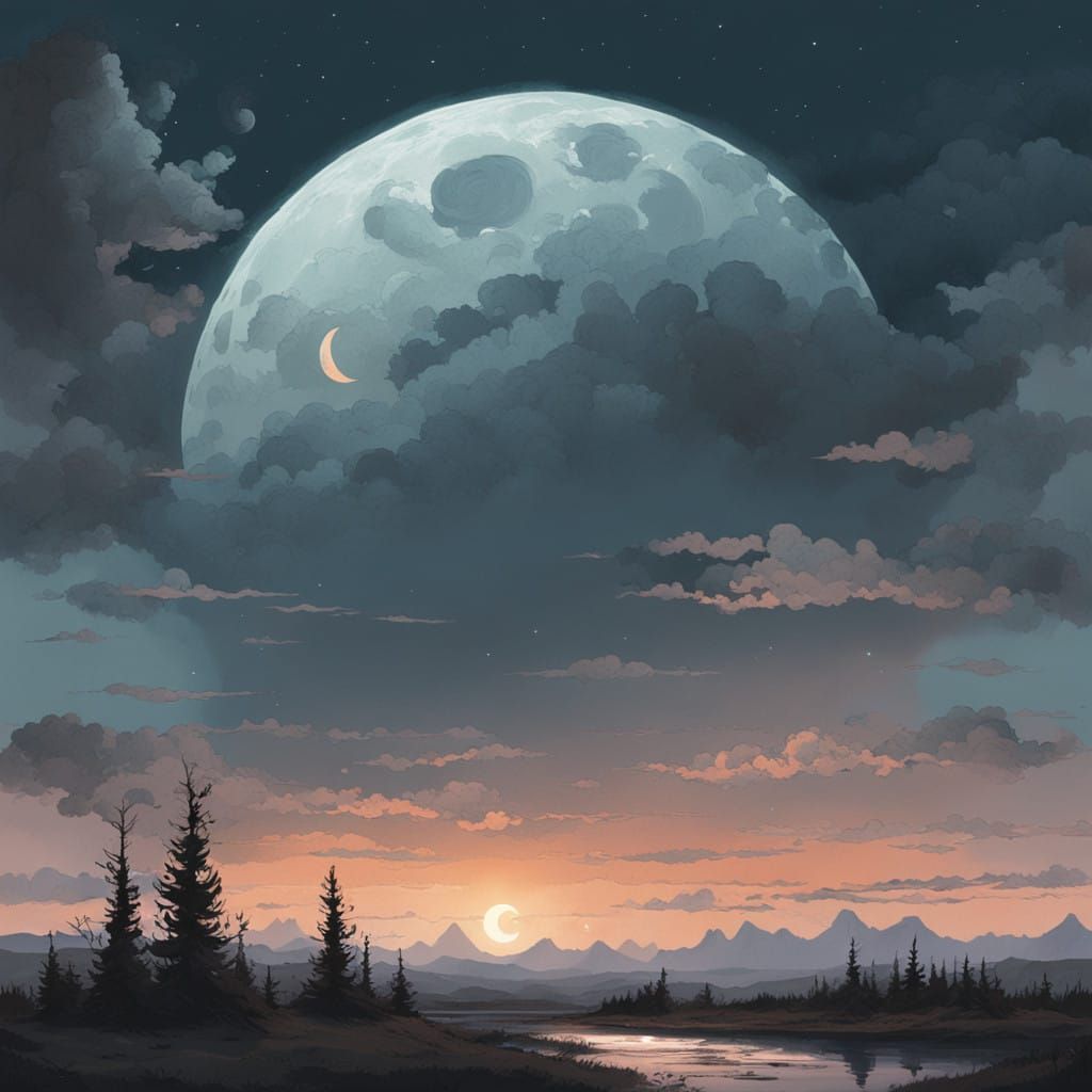 Ethereal Moonlit Night Sky with Soft Clouds and Craters