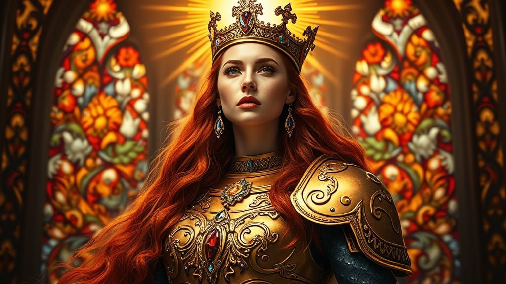 Regal Woman in Golden Armor, Radiant with Majestic Splendor