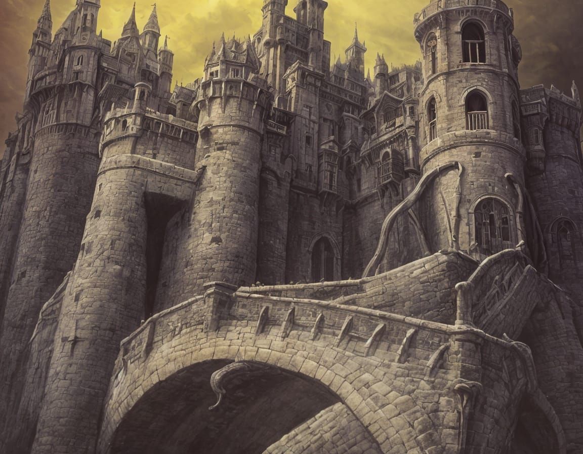 Surreal Castle Landscape with Twisted Forms and Moats