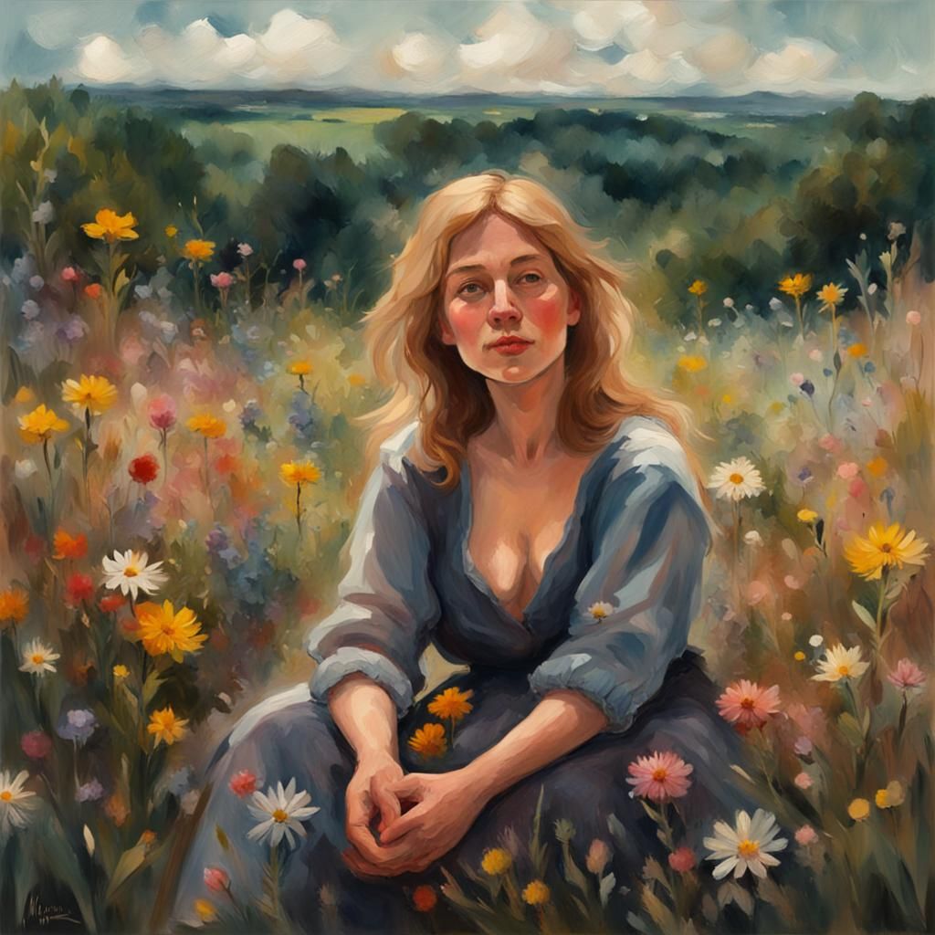 A woman sitting in wild meadow with lots of flowers