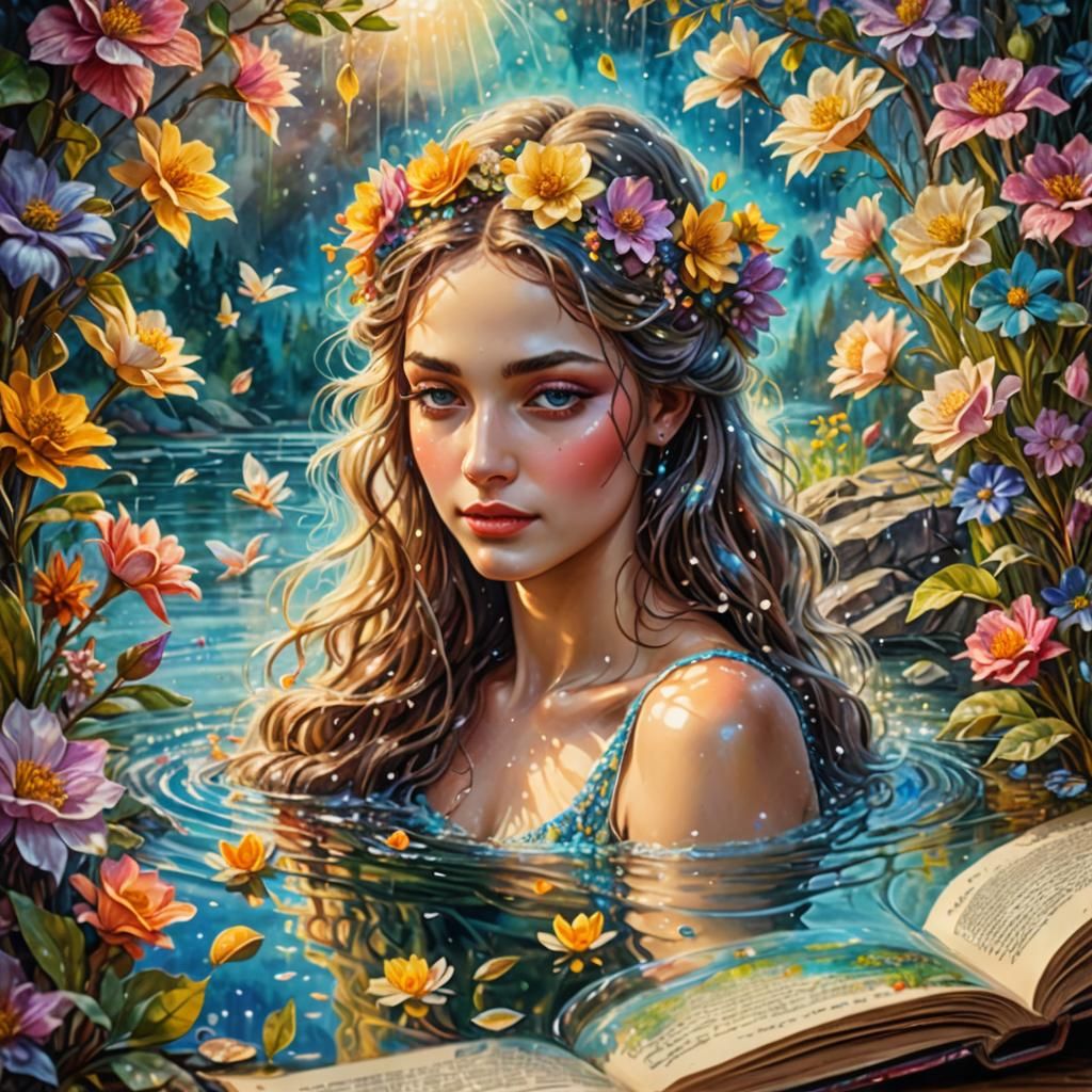 Lake Bathing Girl in Open Book Drawing