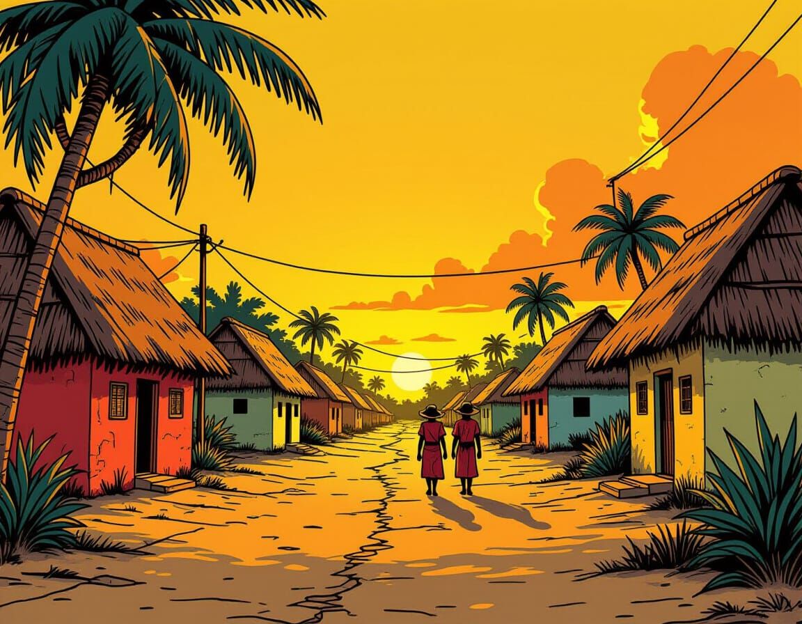 Yucatán Village in 1500s: Bold Comic Art