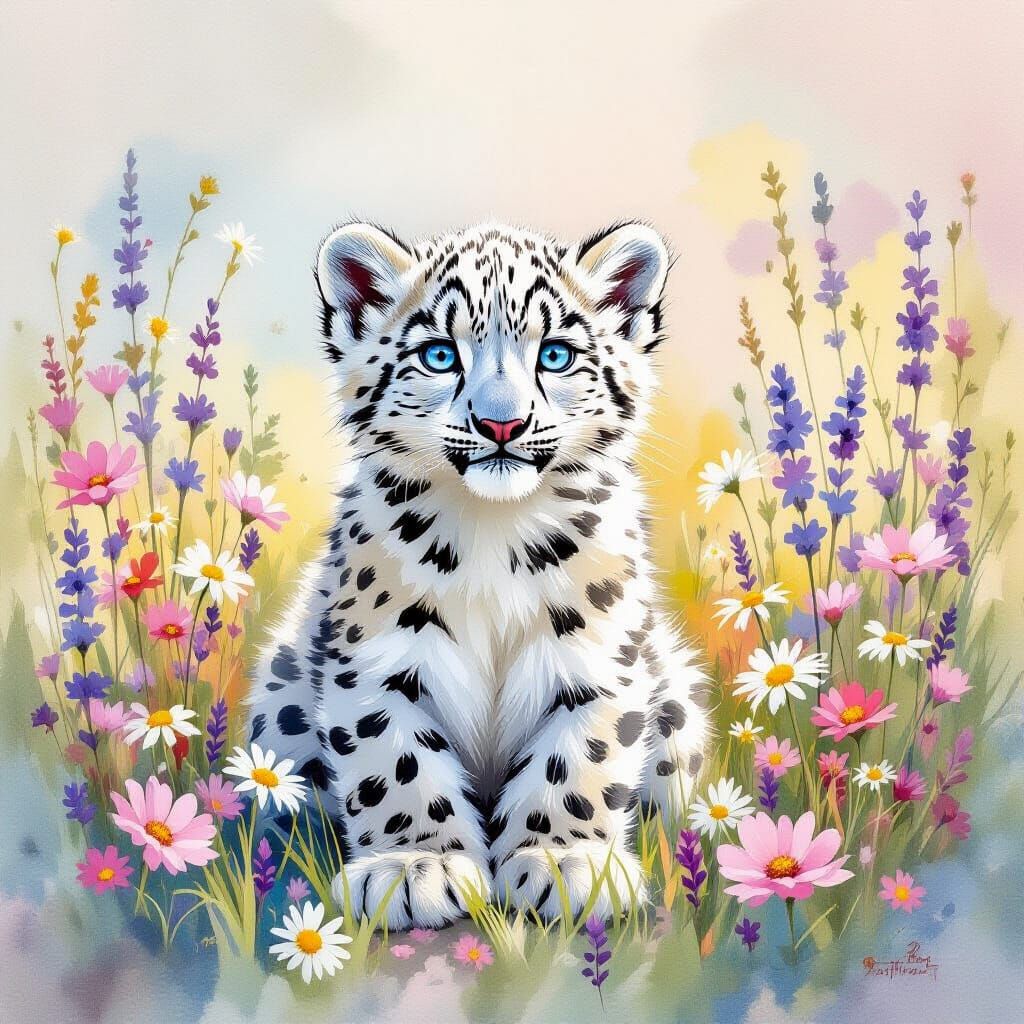 Snow Leopard Cub in Wildflower Meadow Watercolor Painting