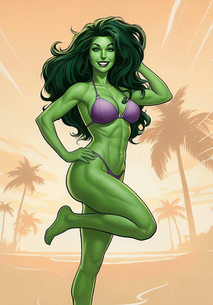 She-Hulk in a bikini, dynamic pose, smiling