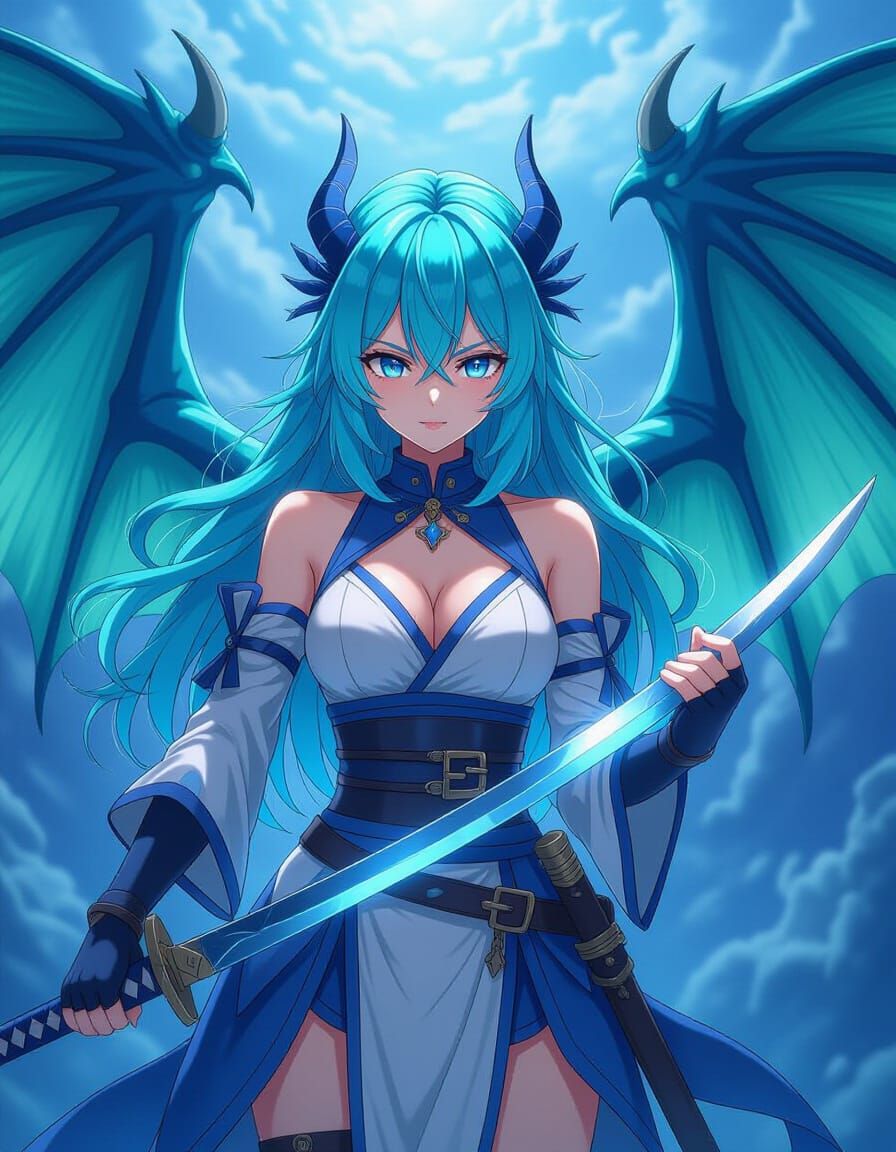Anime Woman With Blue Dragon Wings and Katana