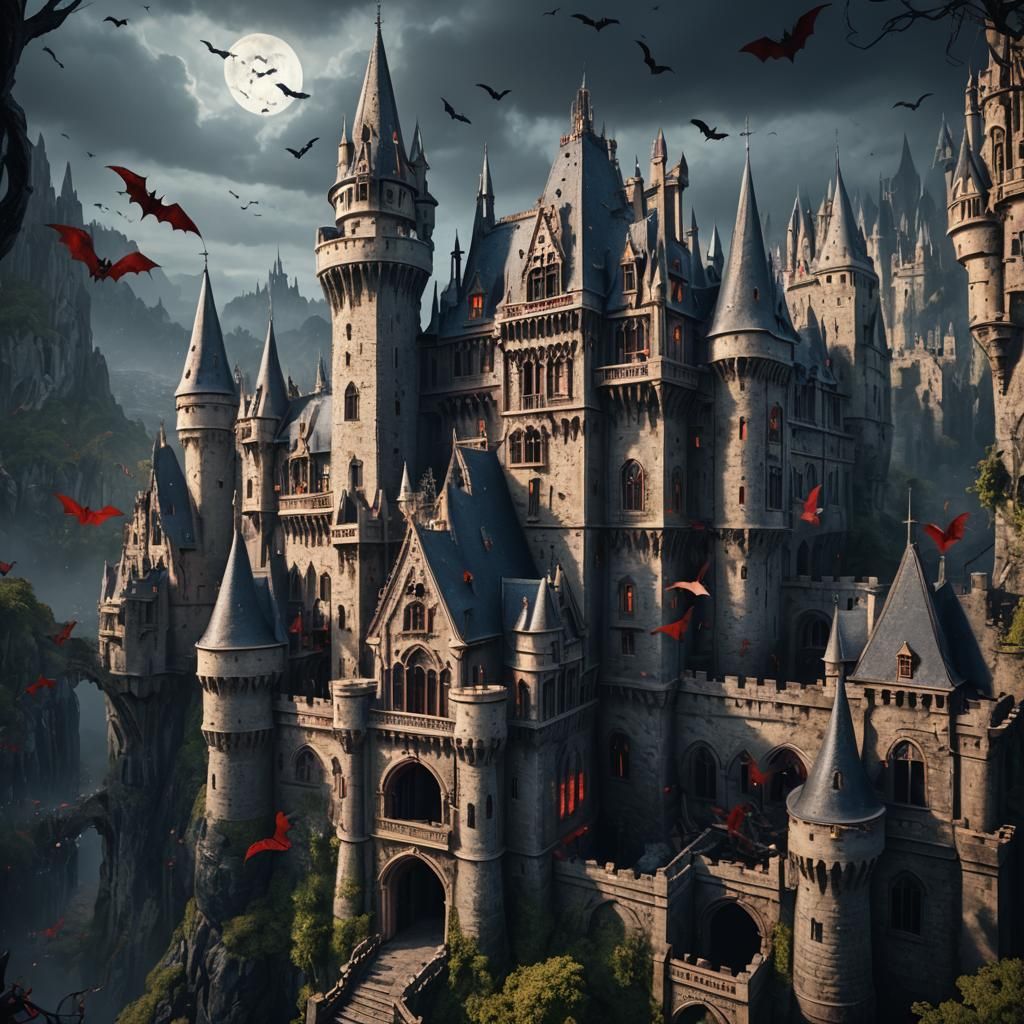Vampire in Bat-Filled Castle: Detailed Matte Painting