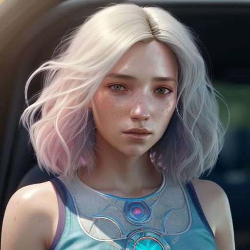 Woman with Blond and Blue Hair, Detailed Portrait