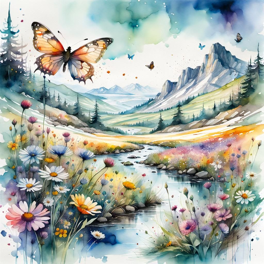 Watercolor Meadow Landscape with Butterflies