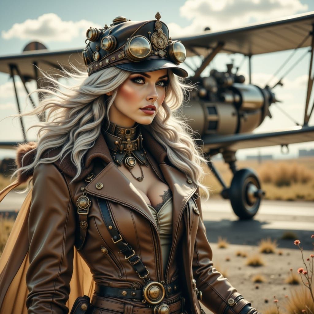 Steampunk Aviator Woman with Silver Hair and Biplane
