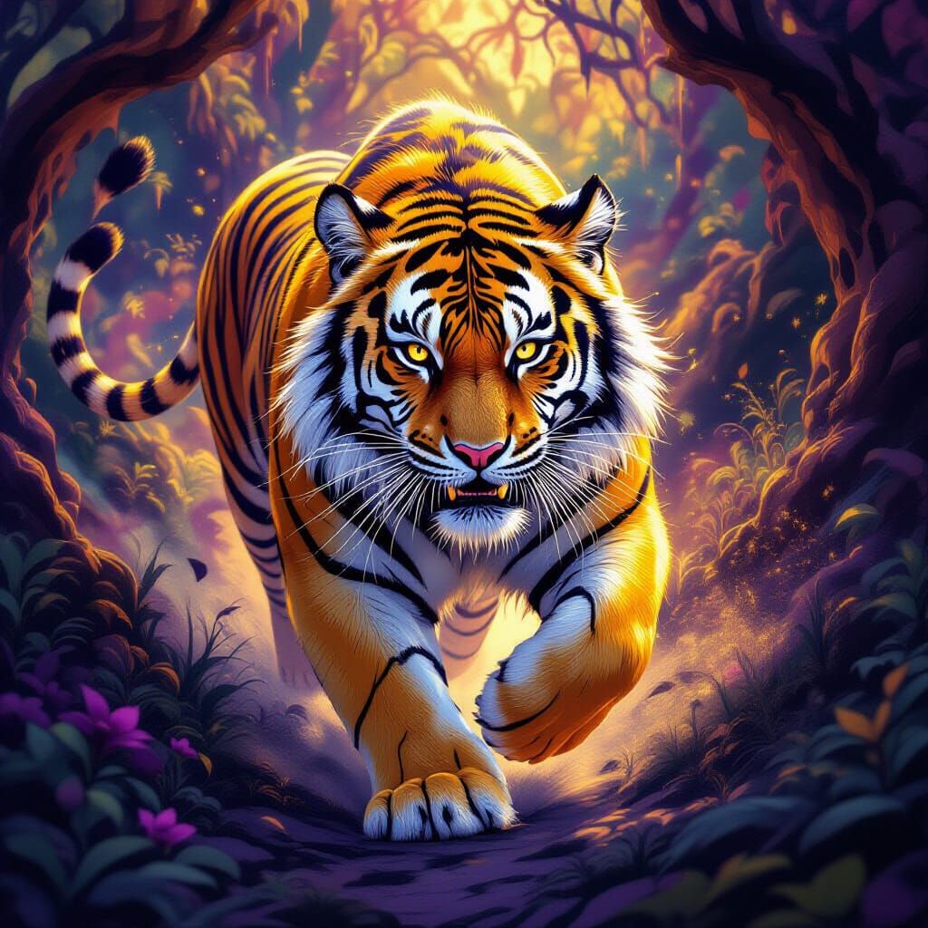 Golden Tiger Sprinting Through Mystical Realm