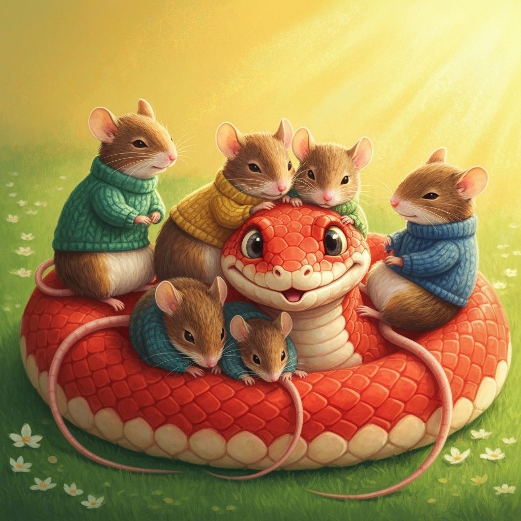 Cozy Mice Resting on Smiling Scarlet Kingsnake