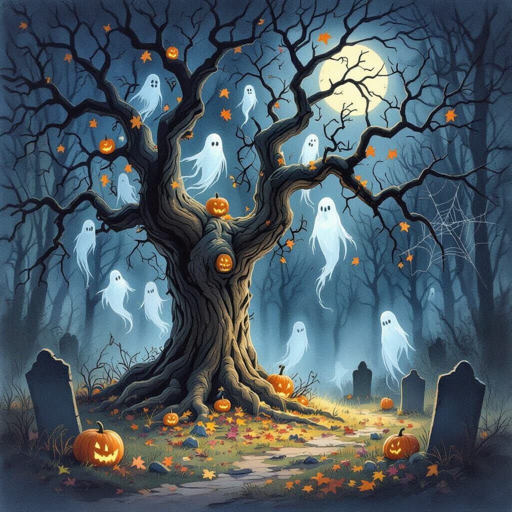 Ancient Oak Tree with Spectral Ghosts in Moonlit Forest