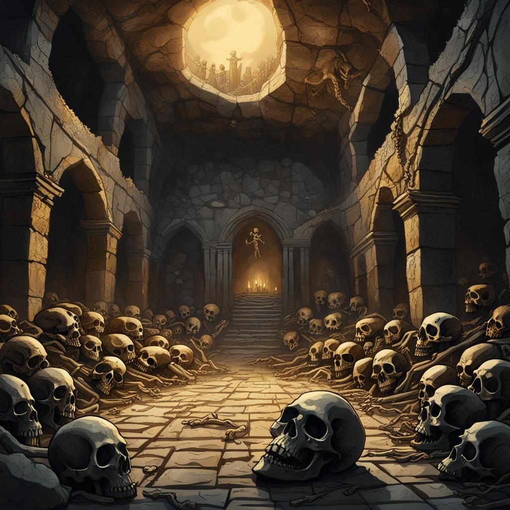 Eerie Crypt with Skeletons in Golden Hour Light