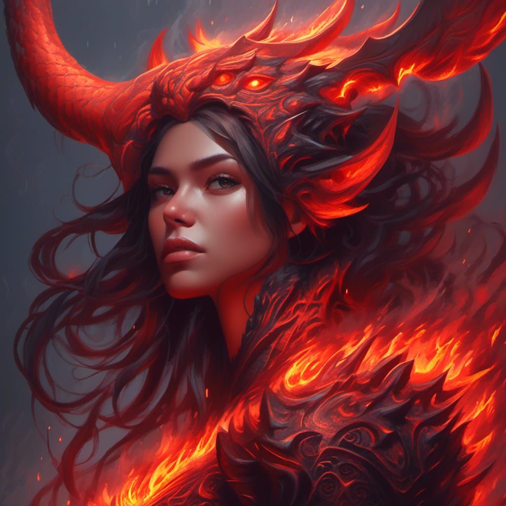 Lava Woman Emerging from Volcano with Dragon Features