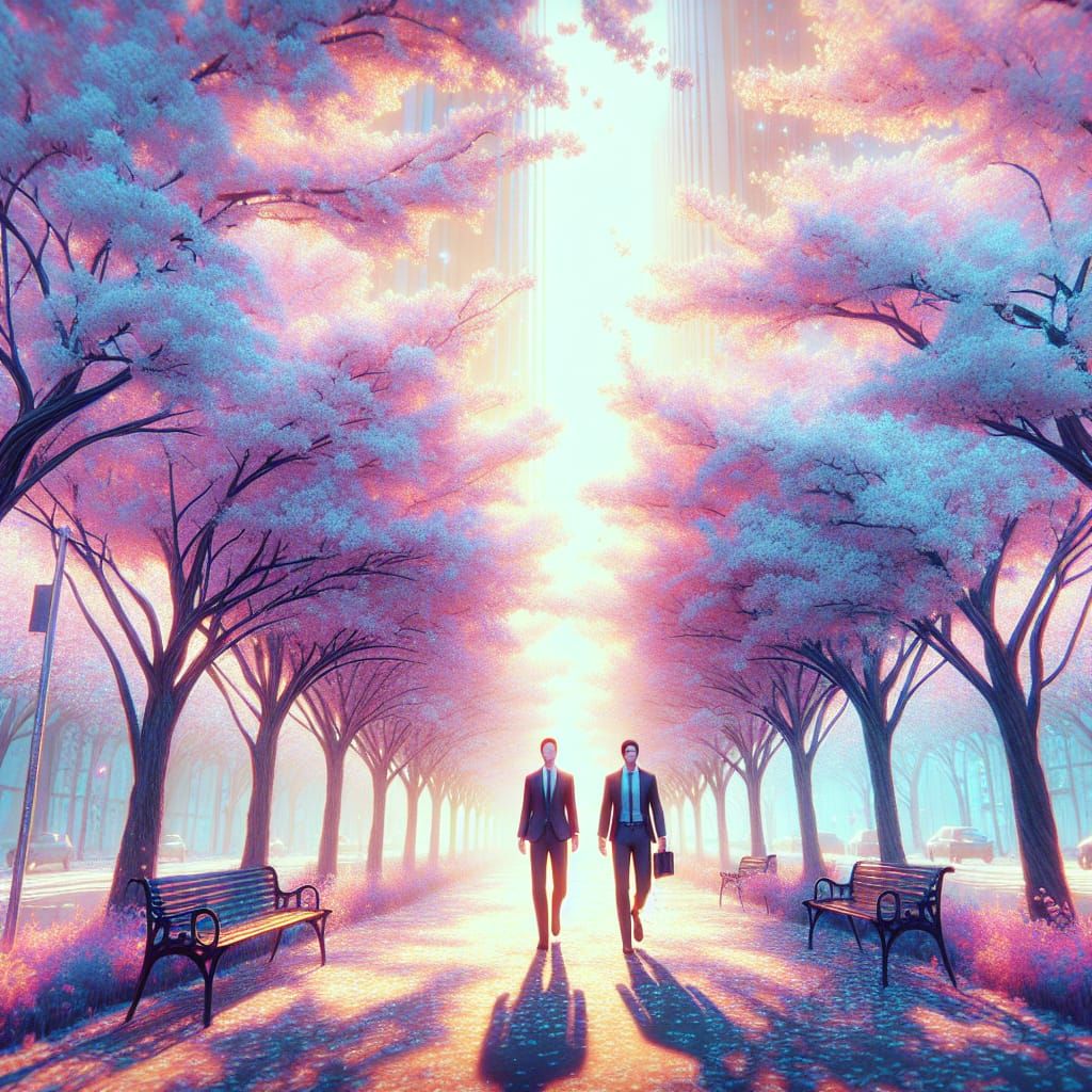 Men in Suits Under Cherry Trees: 3D Digital Art