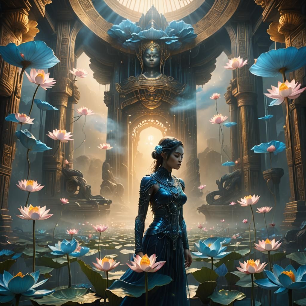 Ethereal Temple: Fantasy Art with Glowing Lotus Flowers