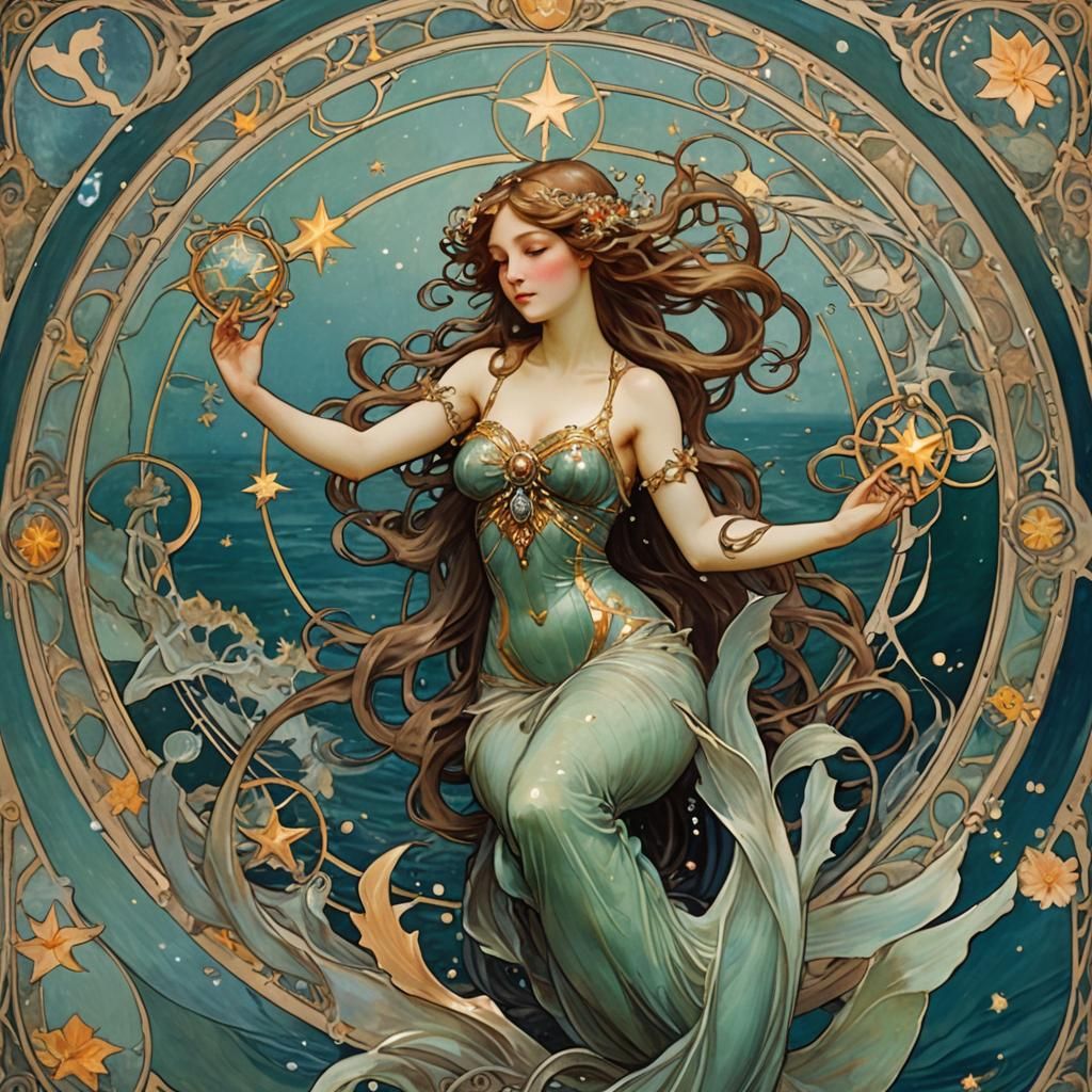 Art Nouveau Mermaid with Star and Zodiac