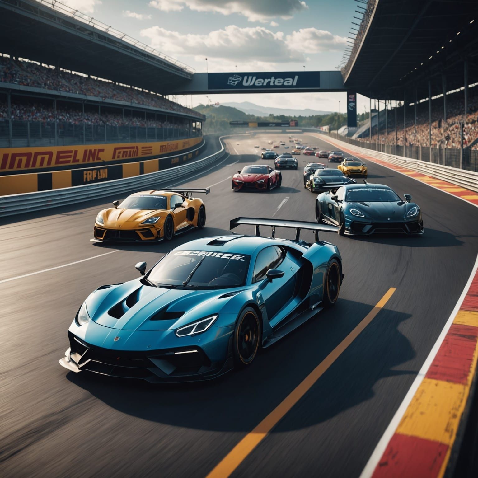 Intense Car Race on Racetrack: Detailed Matte Painting