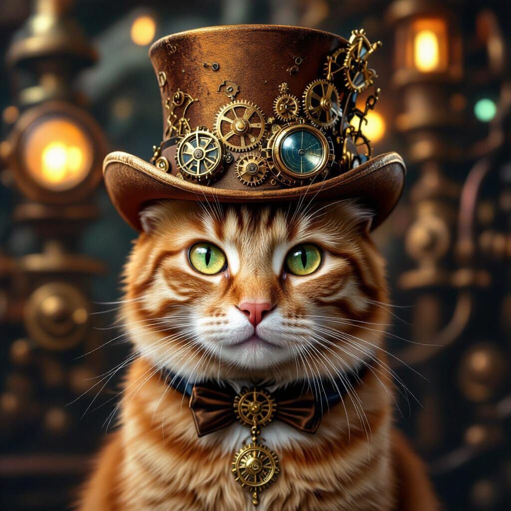 Steampunk Cat in Brass Hat with Clockwork Engine