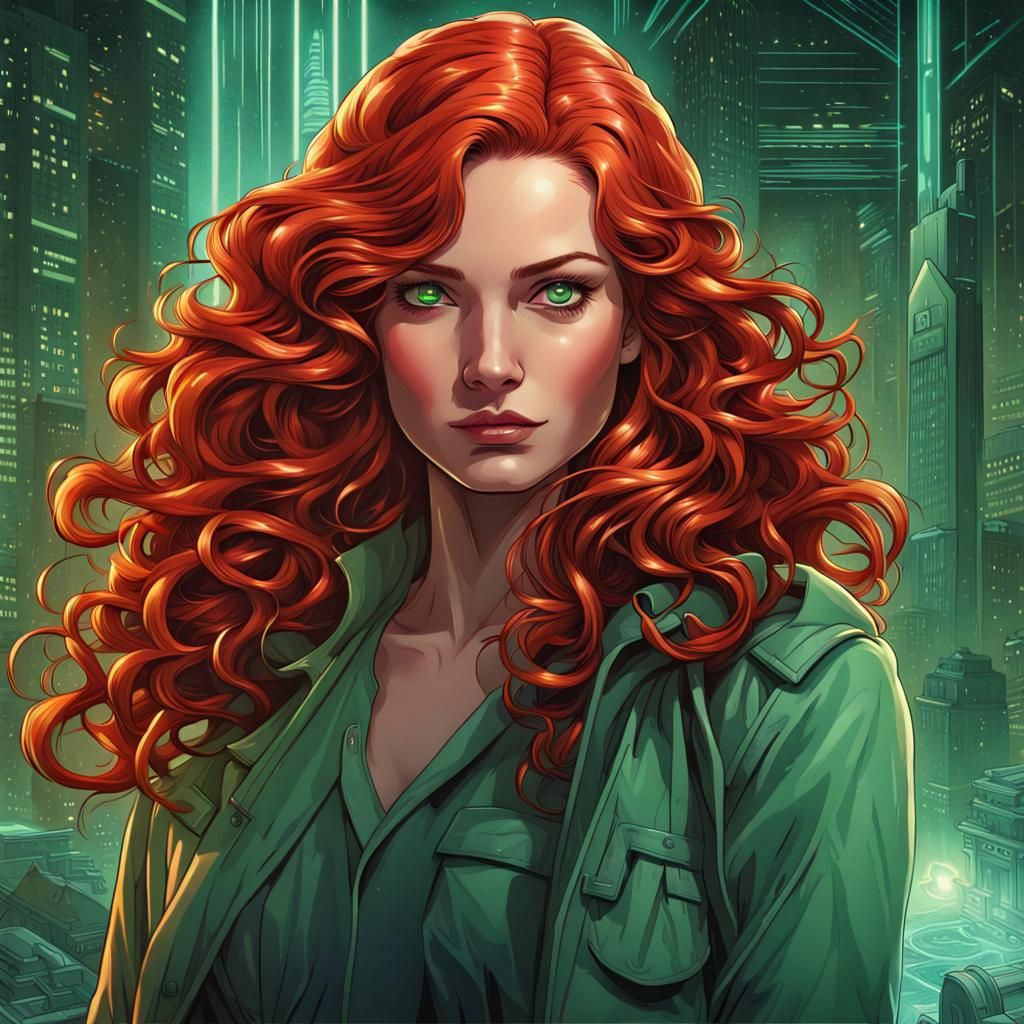 Holographic Redhead in Retro-Futuristic Comic Art