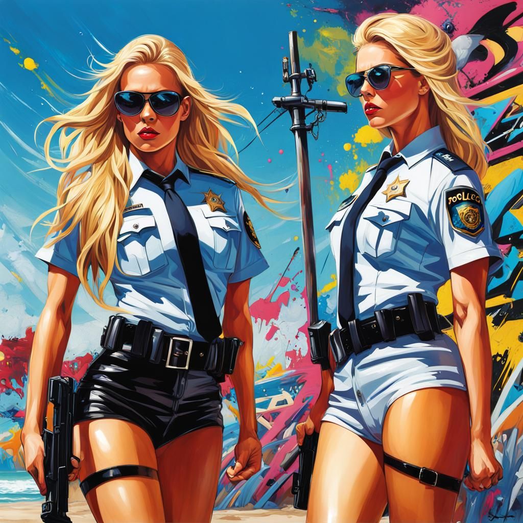 Blond Policewomen on Beach in Graffiti Art Style