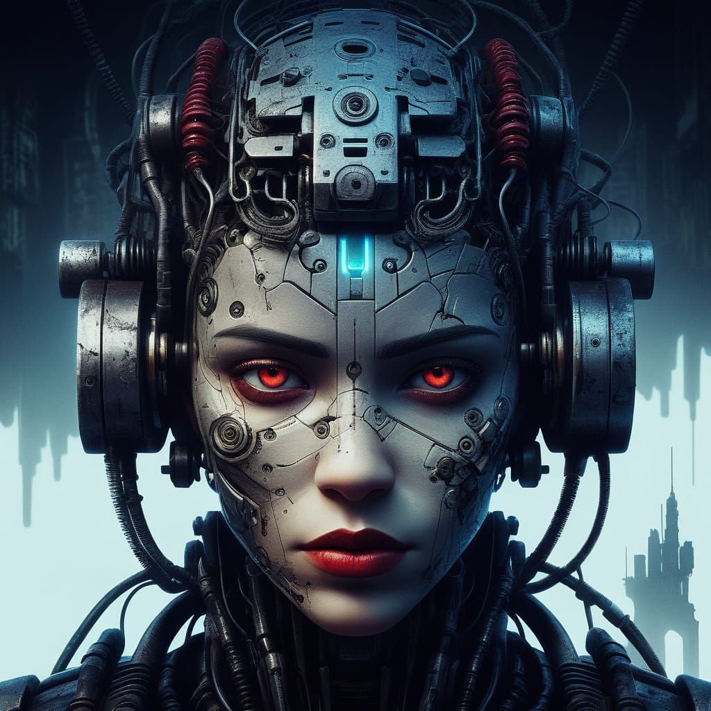 Cyberpunk Woman with Mechanical Face in Muted, Industrial Hu...