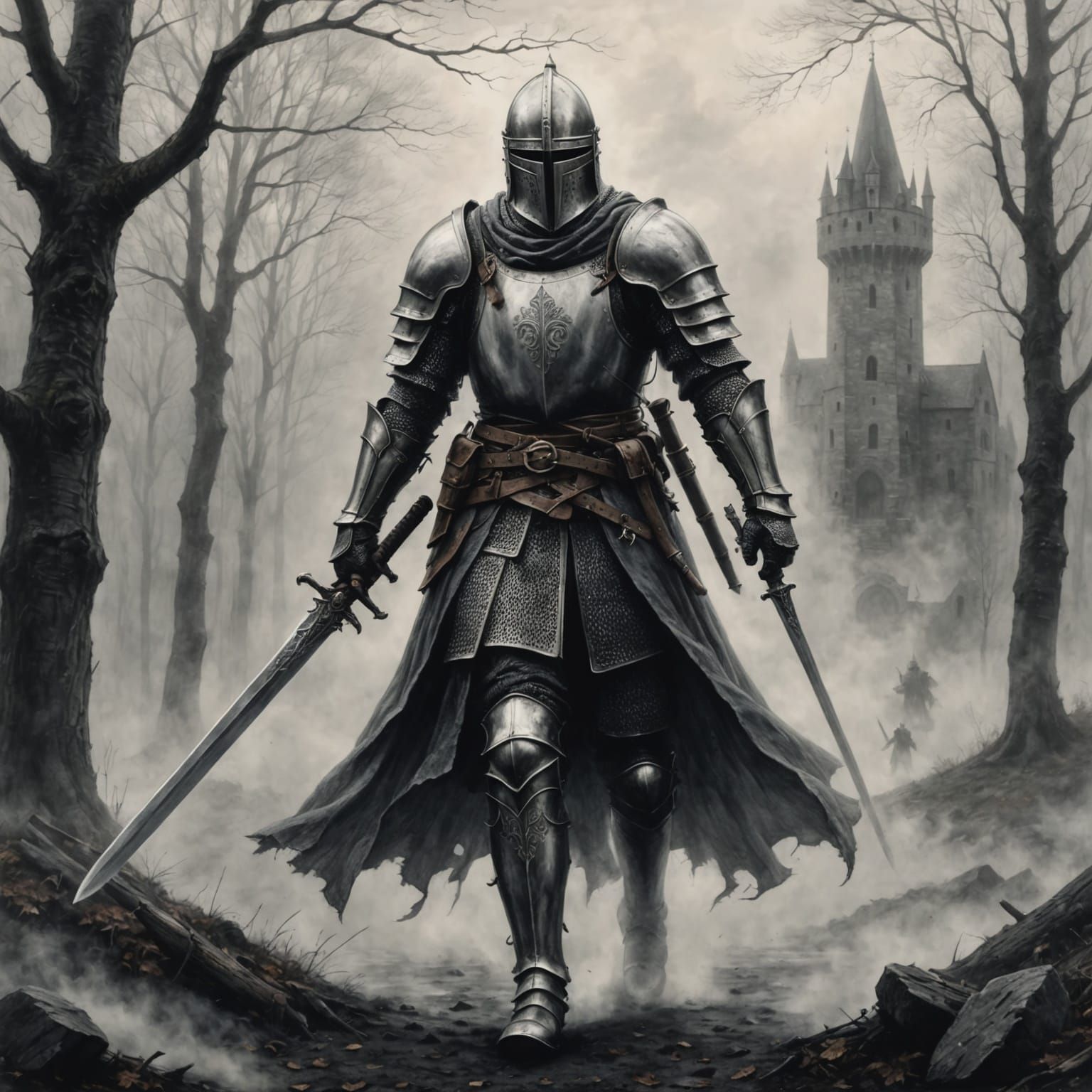 Medieval Knight Walks Through the Fog in Hyperdetailed Charc...