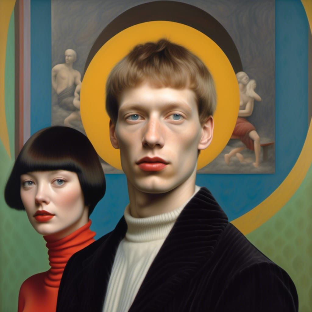 Happy Couple in Art Museum, Hyperrealistic Photo