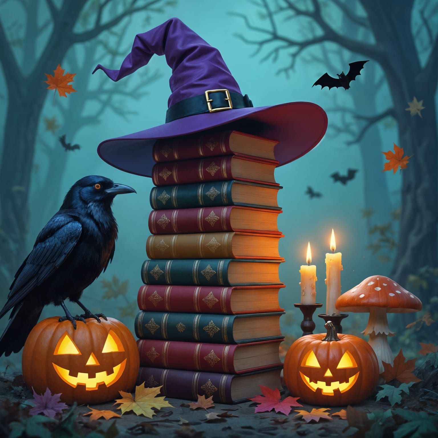 Spooky Halloween Scene With Vintage Books And Witch Hat