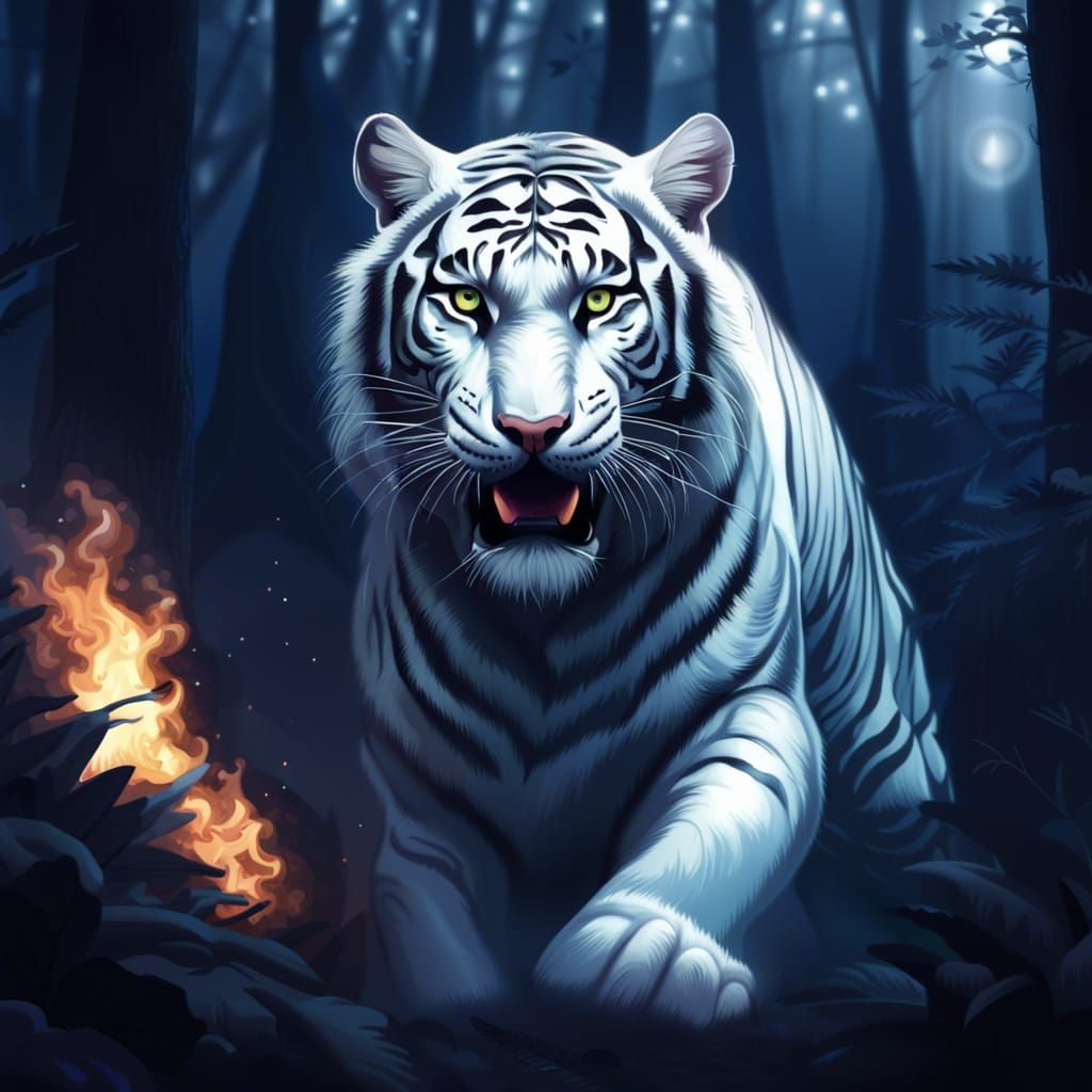 White Fire Tiger in Night Forest: Realistic Rendering