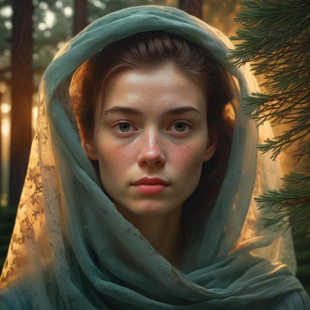 Introspective Woman Hidden Behind Pine Trees