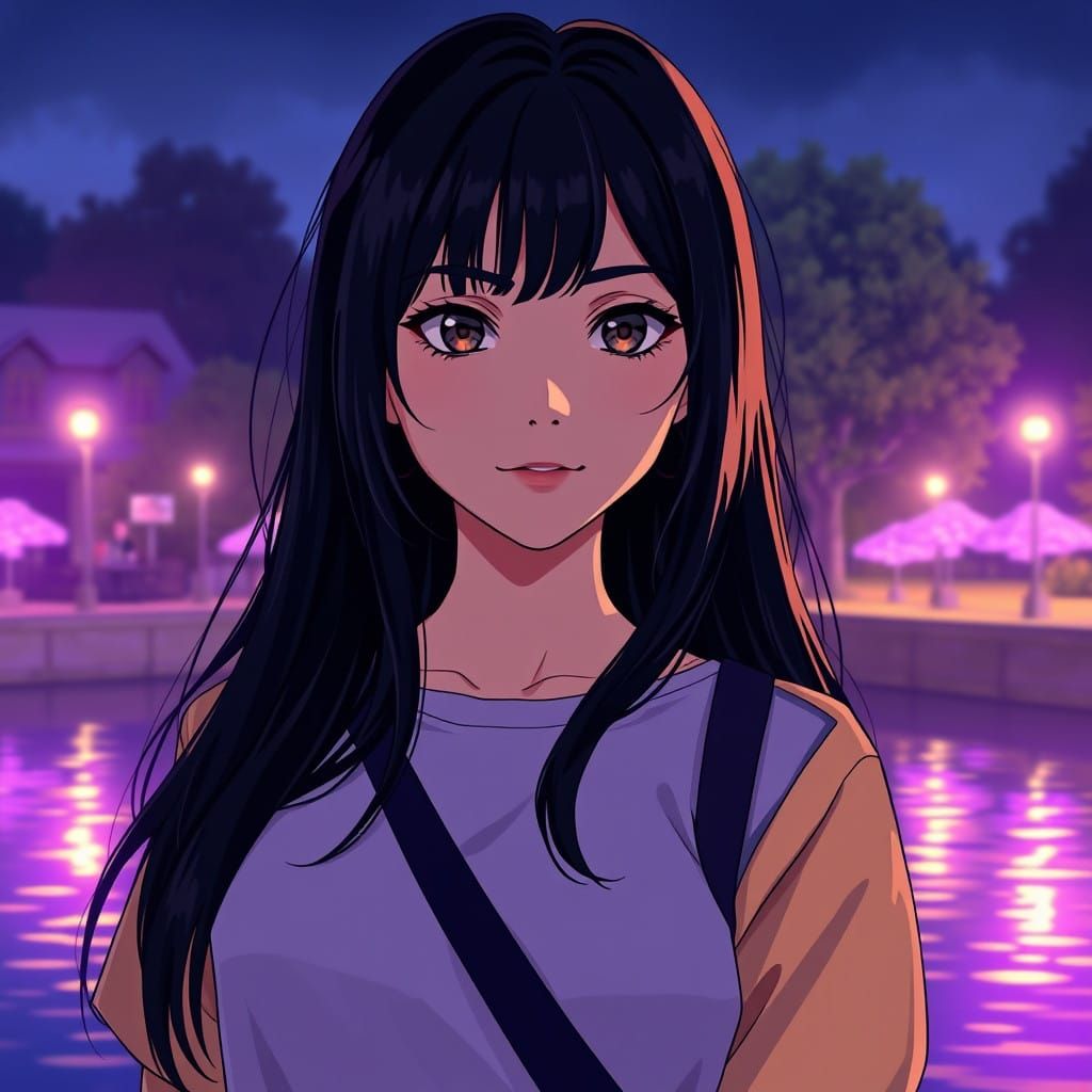 Anime-Inspired Young Woman Radiates Purple Aura by a Serene...