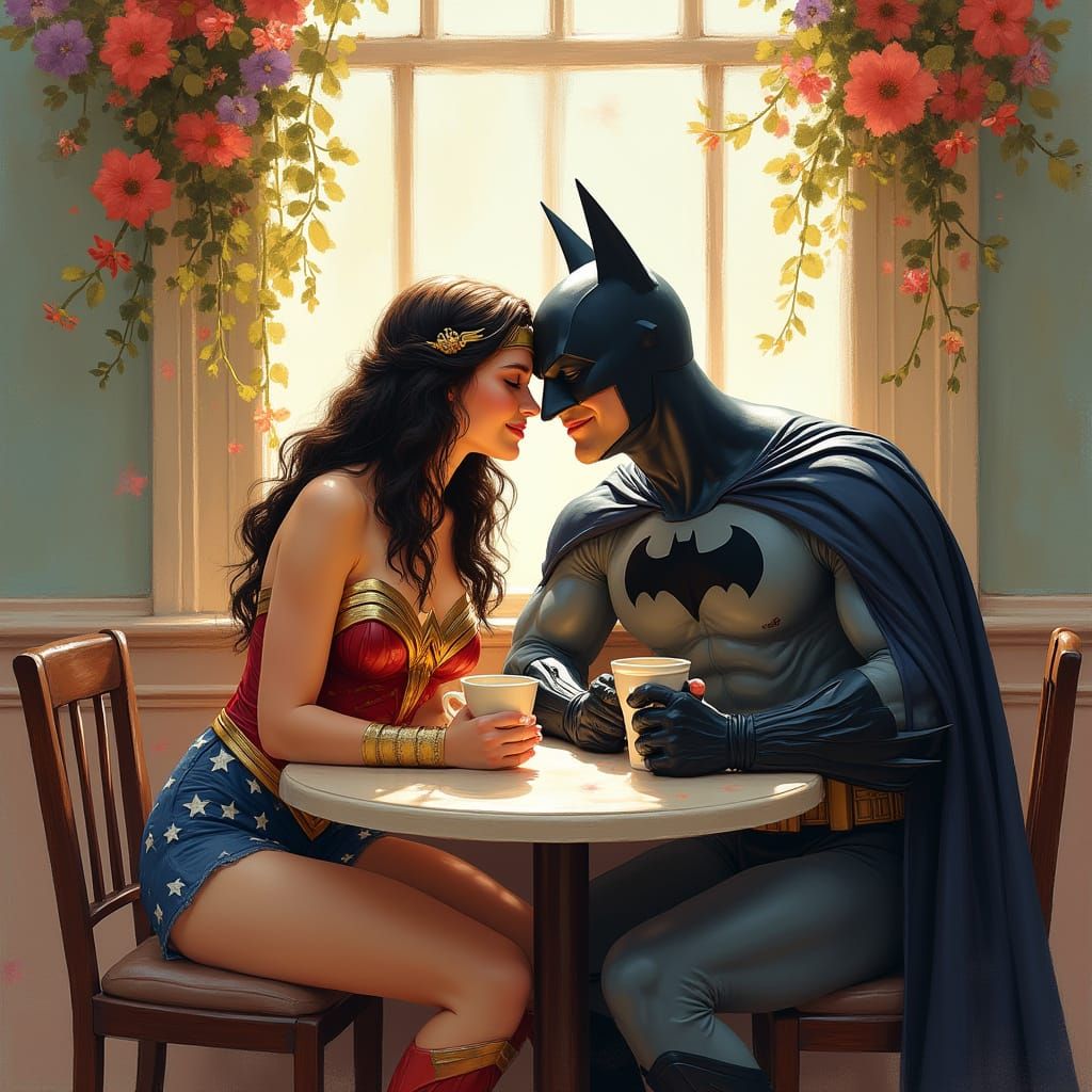 Wonder Woman and Batman in a Cozy Impressionist Cafe