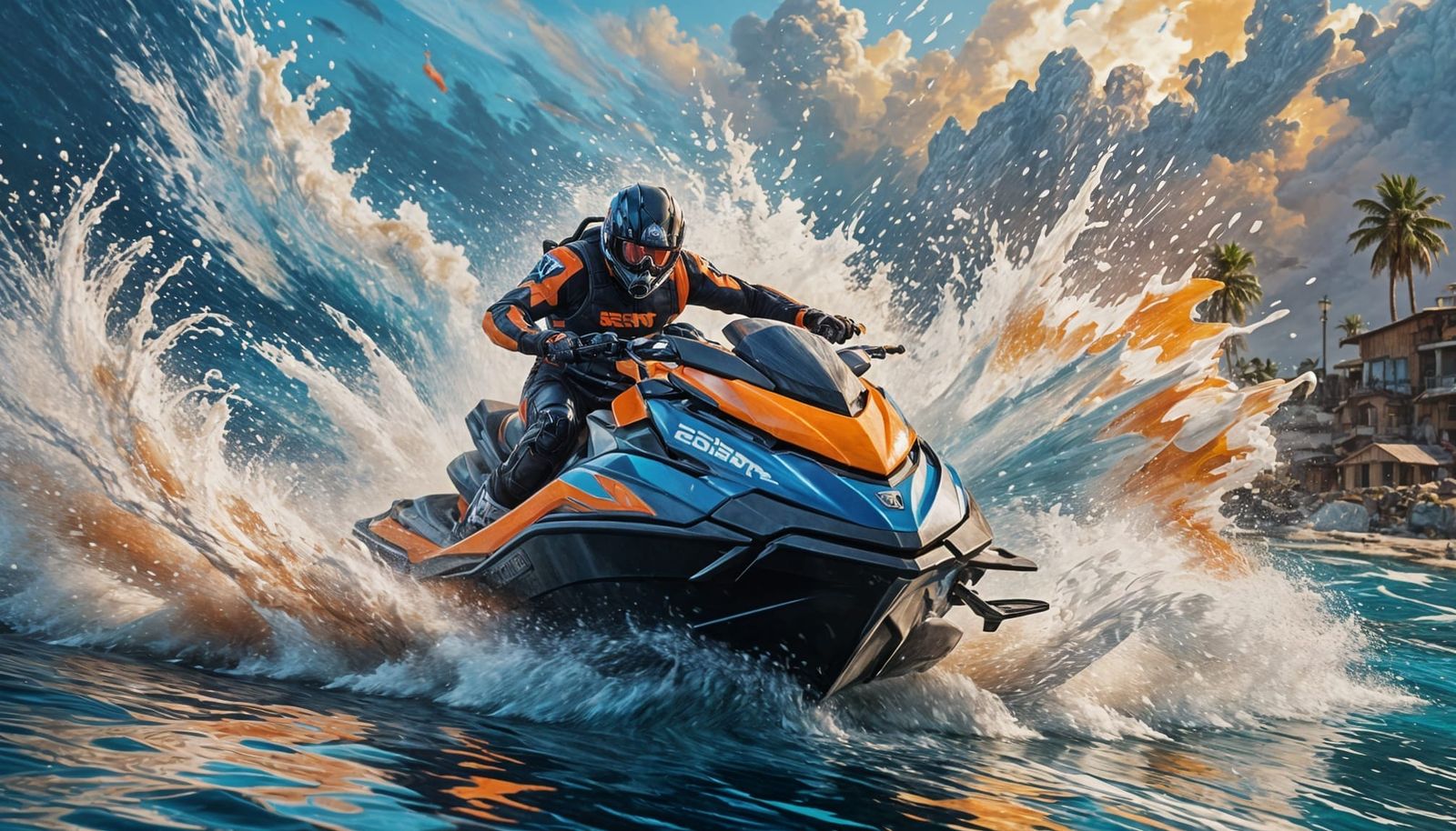 Jetski Speeding Towards Viewer in Detailed Fantasy Art