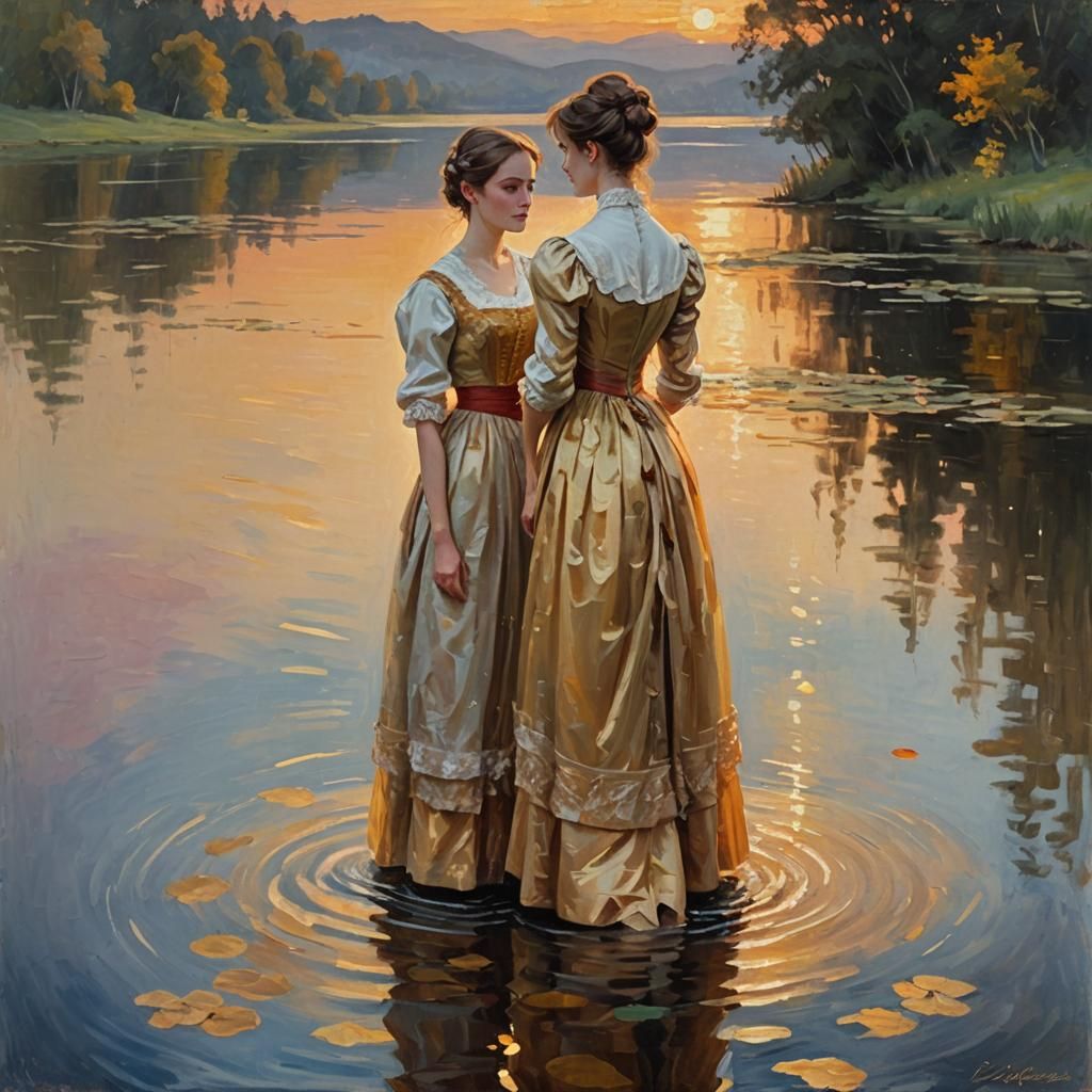 Woman by Lake at Sunset: Impressionist Oil Painting