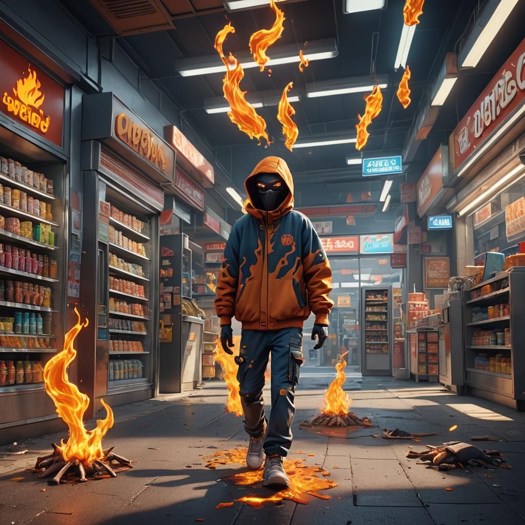 Cartoon Flame Walks Into Store: Detailed Matte Painting