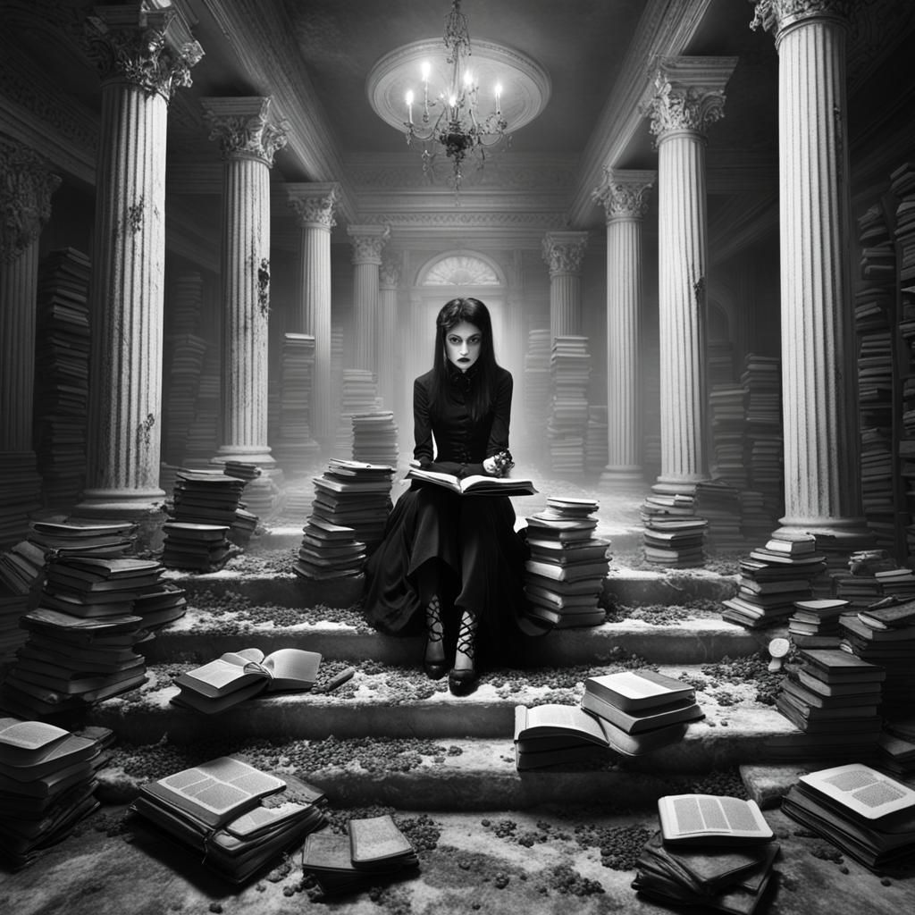 Gothic Model in Coffee Shop: Black and White Photography