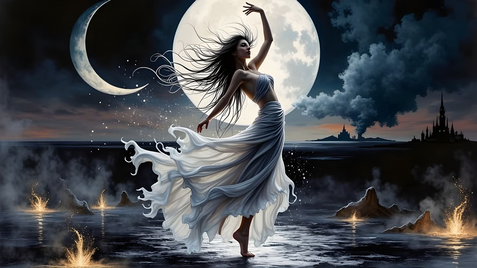 Surreal Dancer in Smoke Dress at Twilight