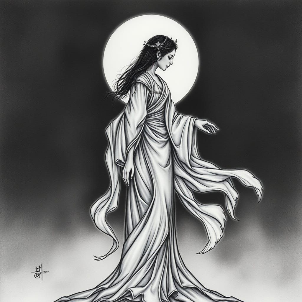 Goddess Silhouetted by Moon in Charcoal Style